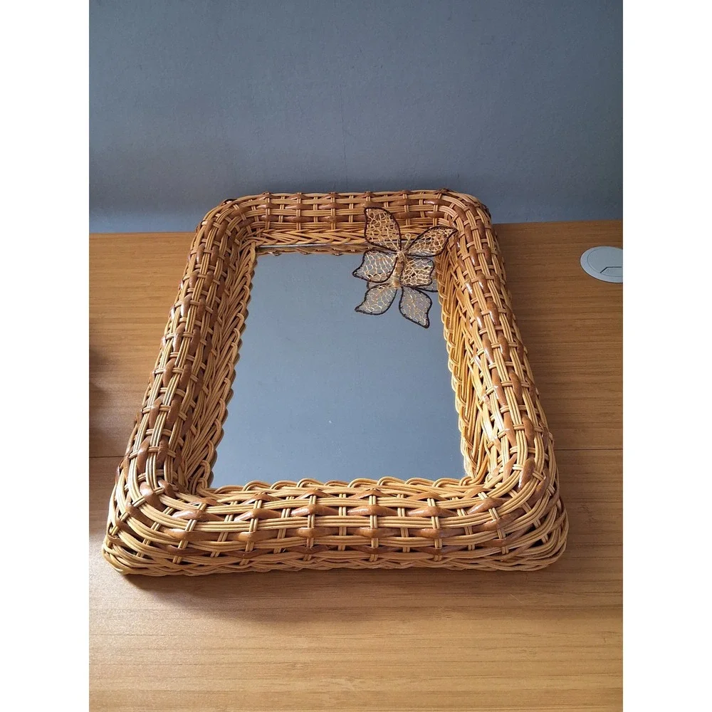Vintage Wicker Wall Mirror Rectangular Boho Butterfly Accent Honey Rattan 12x16